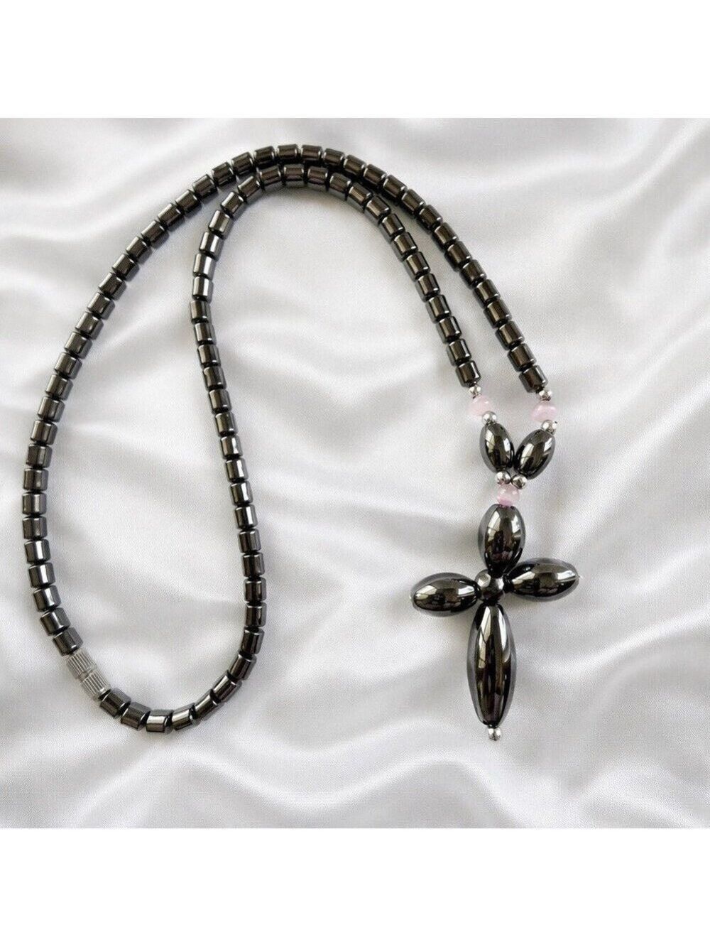 Hematite Cross Necklace Choker 17.5” Pink Cat’s Eye Beads Barrel Clasp